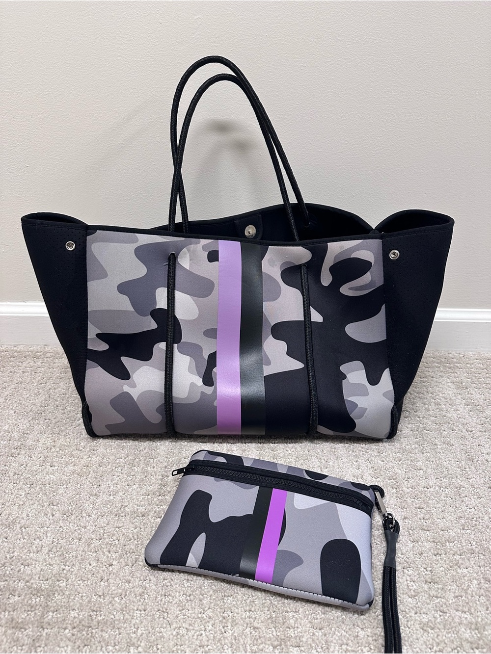 Haute Shore Neoprene Camo Tote with Purple Stripe